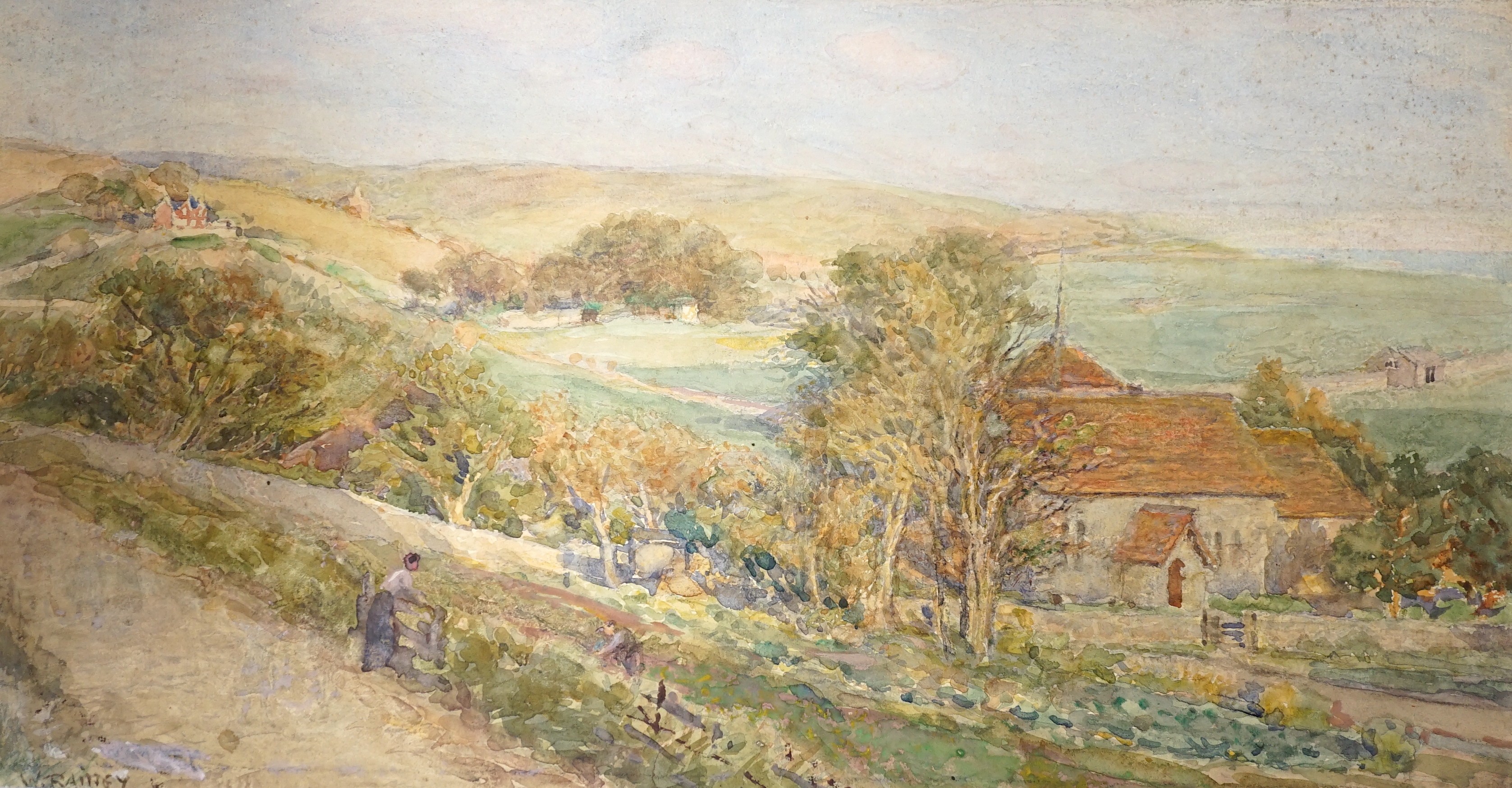 William Rainey (1852-1936) and Lady Lucy Hume-Williams (1862-1948) and Sophie D'Ouseley Meredith (1851-1932), three watercolours, 'East Dean Church', 'Windswept fir trees' and 'The Bluebell Wood', all original artworks f